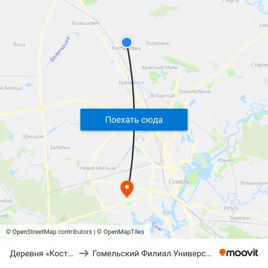 Деревня «Костюковка» (Кольцо) to Гомельский Филиал Университета Гражданской Защиты Мчс map