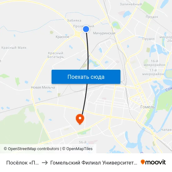 Посёлок «Пролетарий» to Гомельский Филиал Университета Гражданской Защиты Мчс map
