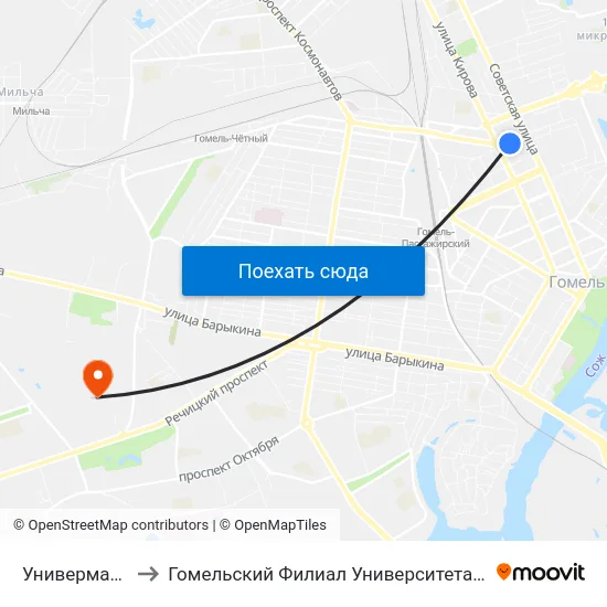 Универмаг «Гомель» to Гомельский Филиал Университета Гражданской Защиты Мчс map