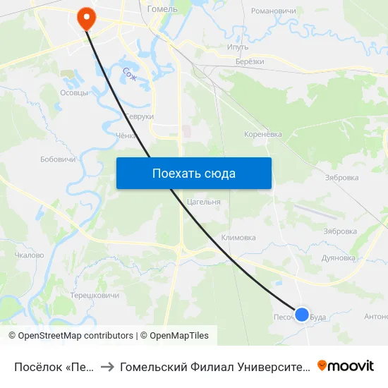 Посёлок «Песочная Буда» to Гомельский Филиал Университета Гражданской Защиты Мчс map