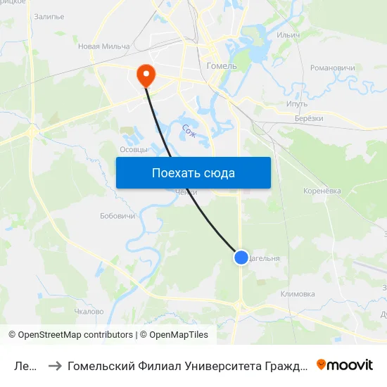 Лесная to Гомельский Филиал Университета Гражданской Защиты Мчс map