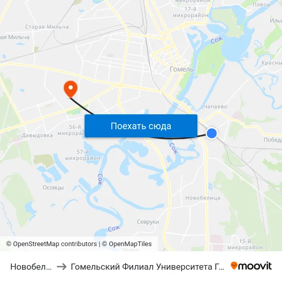 Новобелицкая￼ to Гомельский Филиал Университета Гражданской Защиты Мчс map