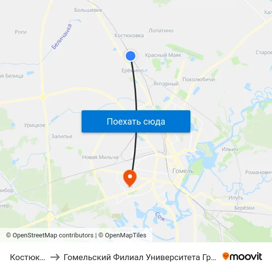 Костюковка￼ to Гомельский Филиал Университета Гражданской Защиты Мчс map
