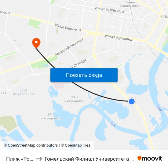 Пляж «Роповский» to Гомельский Филиал Университета Гражданской Защиты Мчс map