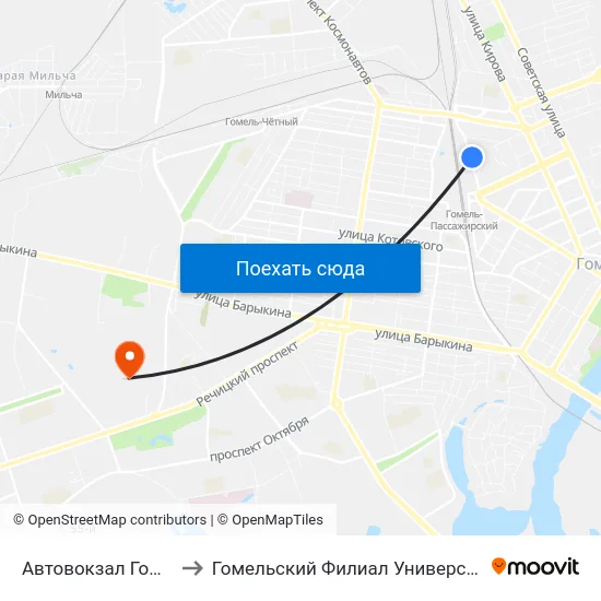 Автовокзал Гомель (Нет Посадки) to Гомельский Филиал Университета Гражданской Защиты Мчс map