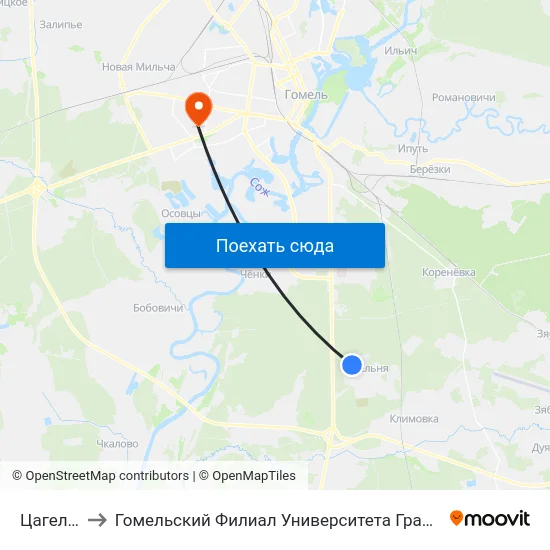 Цагельня-1 to Гомельский Филиал Университета Гражданской Защиты Мчс map
