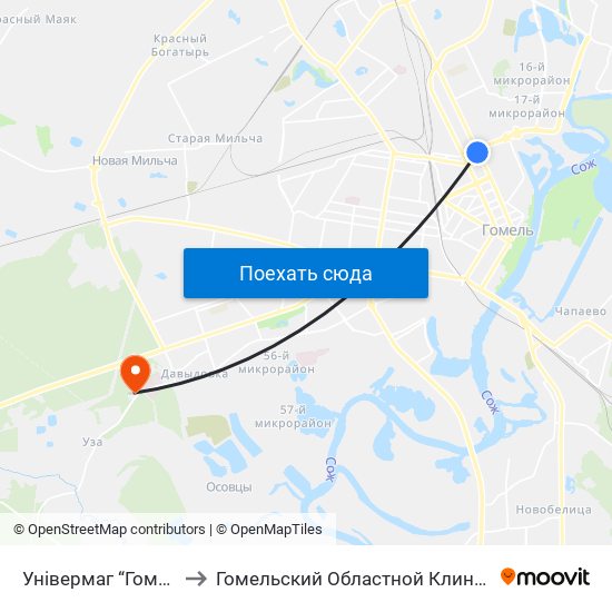 Універмаг “Гомель” (Универмаг «Гомель») to Гомельский Областной Клинический Кожно-Венерологический Диспансер map
