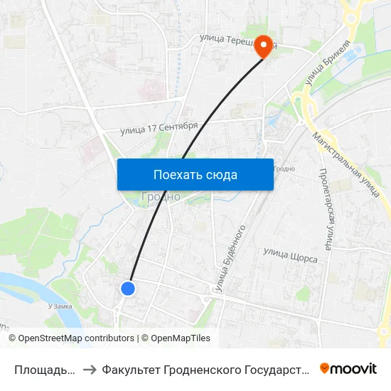 Площадь Советская to Факультет Гродненского Государственного Аграрного Университета map