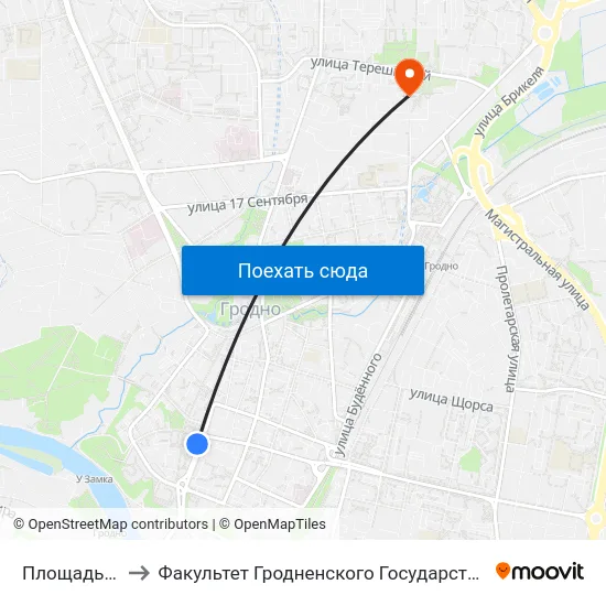 Площадь Советская to Факультет Гродненского Государственного Аграрного Университета map