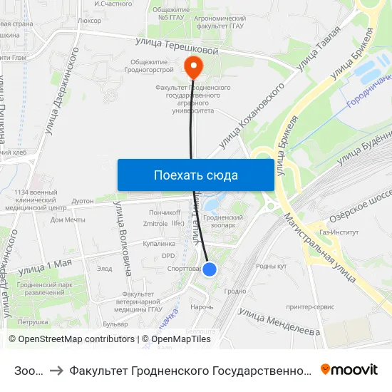 Зоопарк to Факультет Гродненского Государственного Аграрного Университета map