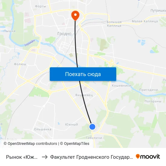 Рынок «Южный» (Высадка) to Факультет Гродненского Государственного Аграрного Университета map