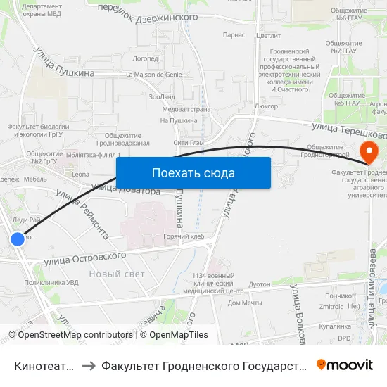 Кинотеатр «Космос» to Факультет Гродненского Государственного Аграрного Университета map