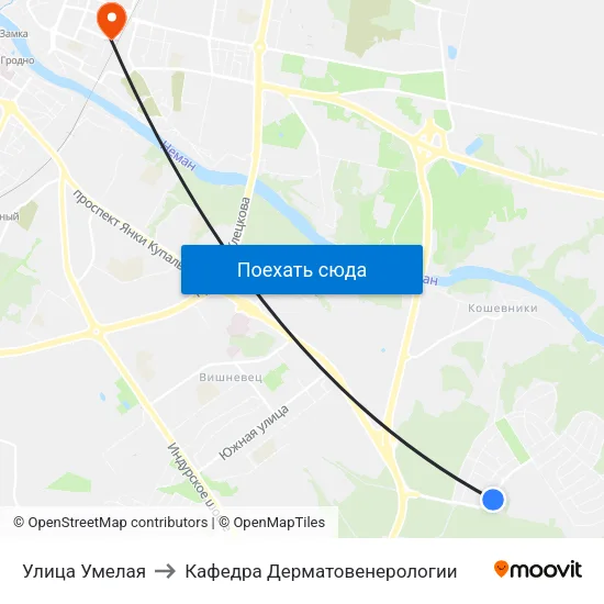 Улица Умелая to Кафедра Дерматовенерологии map