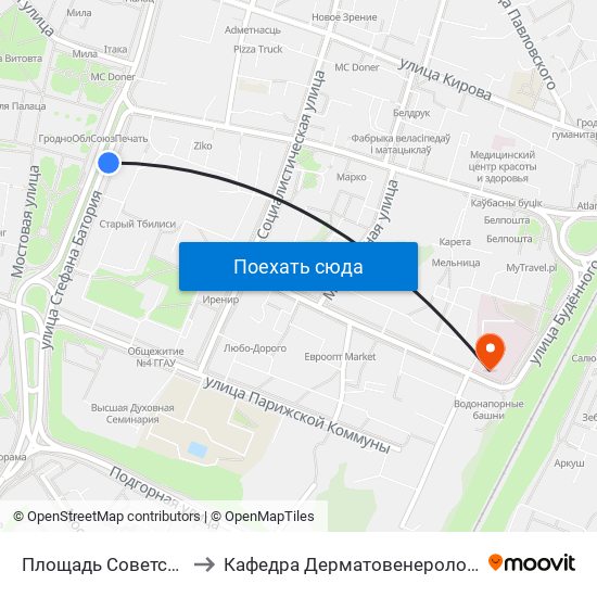 Площадь Советская to Кафедра Дерматовенерологии map