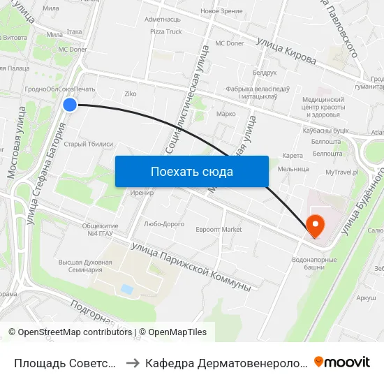 Площадь Советская to Кафедра Дерматовенерологии map