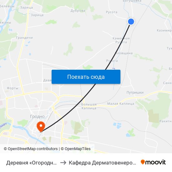 Деревня «Огородники» to Кафедра Дерматовенерологии map