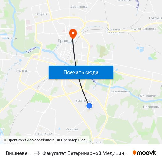 Вишневец-5 to Факультет Ветеринарной Медицины Ггау map