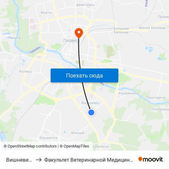 Вишневец-5 to Факультет Ветеринарной Медицины Ггау map