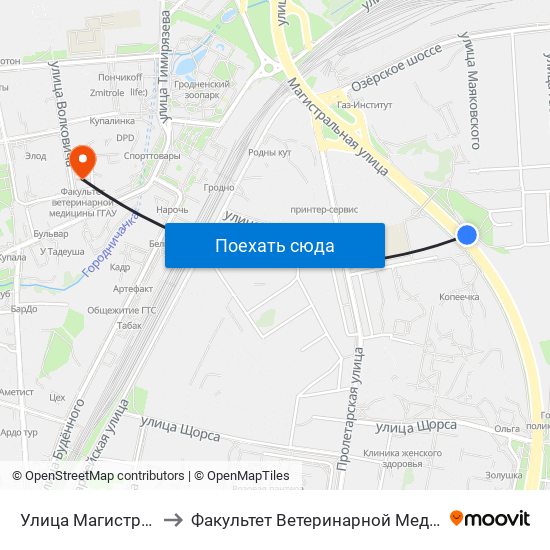 Улица Магистральная to Факультет Ветеринарной Медицины Ггау map