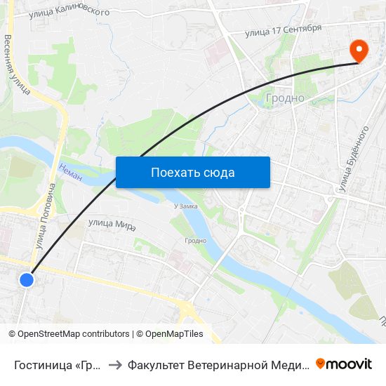 Гостиница «Гродно» to Факультет Ветеринарной Медицины Ггау map