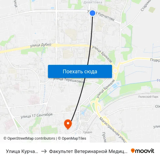 Улица Курчатова to Факультет Ветеринарной Медицины Ггау map