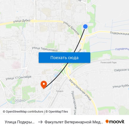 Улица Подкрыжацкая to Факультет Ветеринарной Медицины Ггау map