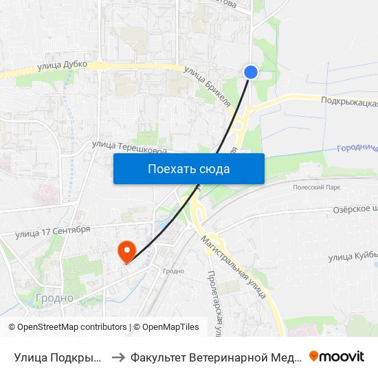 Улица Подкрыжацкая to Факультет Ветеринарной Медицины Ггау map