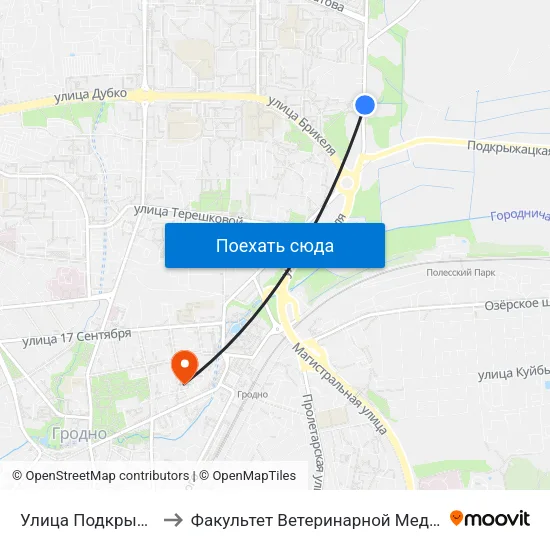 Улица Подкрыжацкая to Факультет Ветеринарной Медицины Ггау map