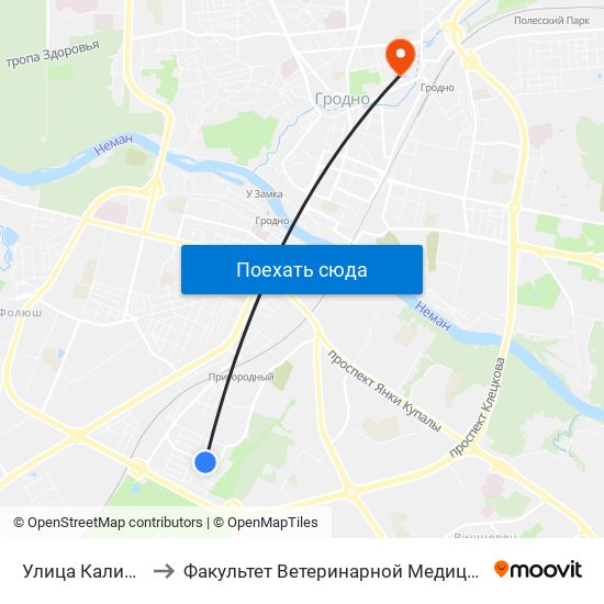 Улица Калинина to Факультет Ветеринарной Медицины Ггау map