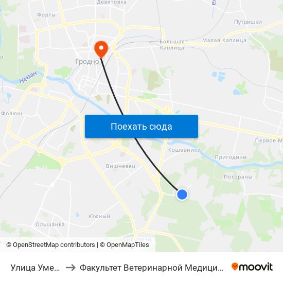 Улица Умелая to Факультет Ветеринарной Медицины Ггау map