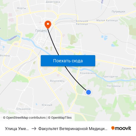 Улица Умелая to Факультет Ветеринарной Медицины Ггау map