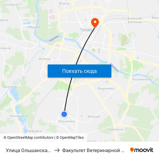 Улица Ольшанская (Кольцо) to Факультет Ветеринарной Медицины Ггау map