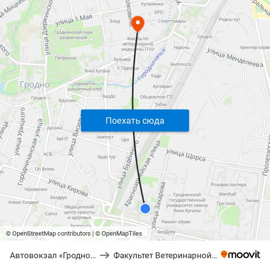 Автовокзал «Гродно» (Межгород) to Факультет Ветеринарной Медицины Ггау map