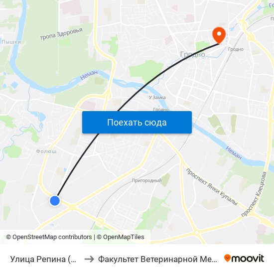 Улица Репина (Кольцо) to Факультет Ветеринарной Медицины Ггау map