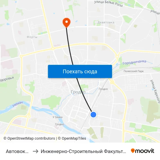 Автовокзал to Инженерно-Строительный Факультет Гргу map