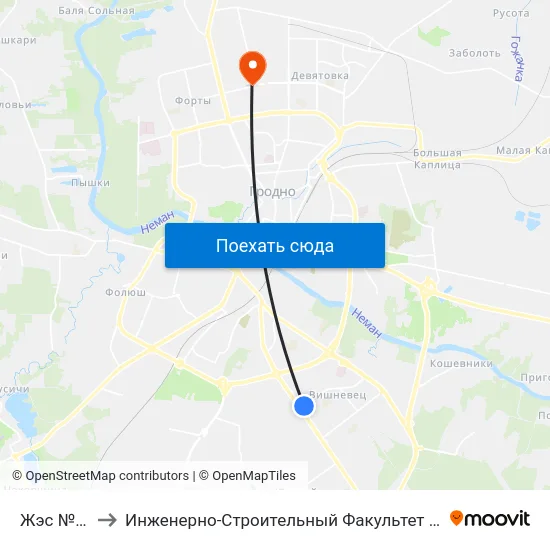 Жэс №20 to Инженерно-Строительный Факультет Гргу map