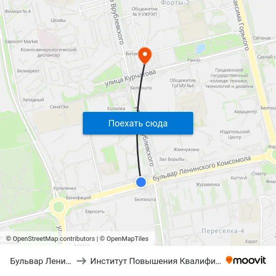 Бульвар Ленинского Комсомола to Институт Повышения Квалификации И Переподготовки Кадров Гргу map