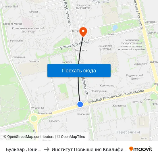 Бульвар Ленинского Комсомола to Институт Повышения Квалификации И Переподготовки Кадров Гргу map