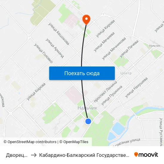 Дворец Спорта to Кабардино-Балкарский Государственный Университет (КБГУ) map