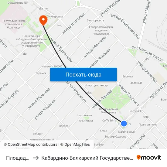 Площадь Марии to Кабардино-Балкарский Государственный Университет (КБГУ) map