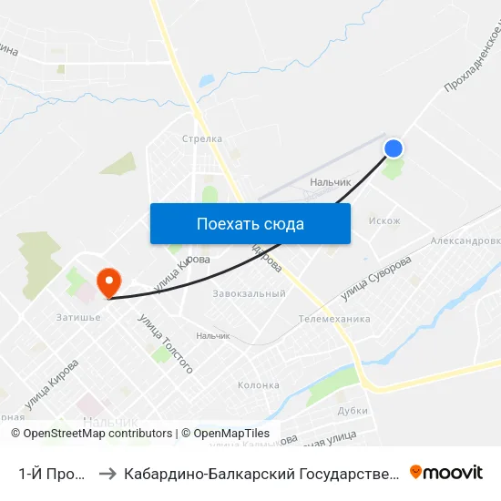 1-Й Промпроезд to Кабардино-Балкарский Государственный Университет (КБГУ) map