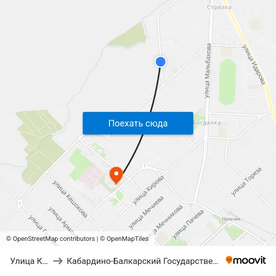 Улица Крылова to Кабардино-Балкарский Государственный Университет (КБГУ) map