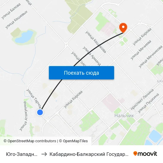 Юго-Западная Котельная to Кабардино-Балкарский Государственный Университет (КБГУ) map