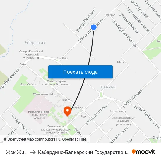 Жск Жилстрой to Кабардино-Балкарский Государственный Университет (КБГУ) map