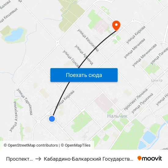 Проспект Кулиева to Кабардино-Балкарский Государственный Университет (КБГУ) map