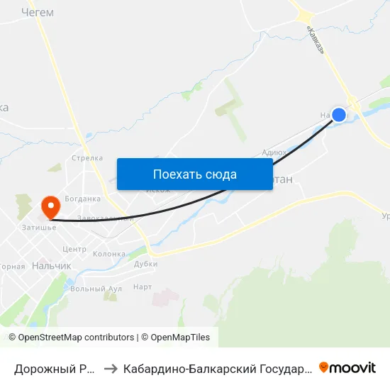 Дорожный Разъезд Нартан to Кабардино-Балкарский Государственный Университет (КБГУ) map