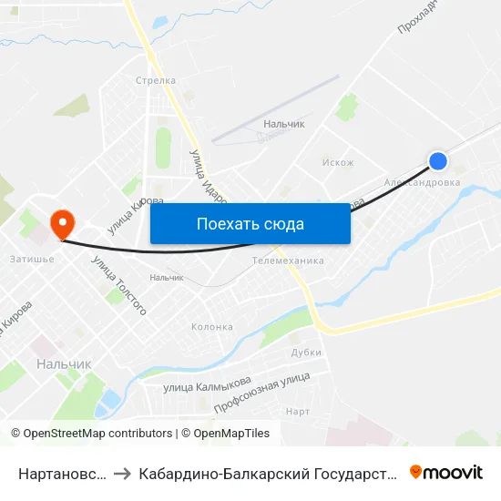 Нартановская Улица to Кабардино-Балкарский Государственный Университет (КБГУ) map