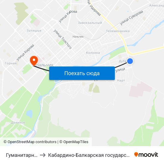 Гуманитарно-Технический Колледж to Кабардино-Балкарская государственная сельскохозяйственная академия имени В.М. Кокова. map