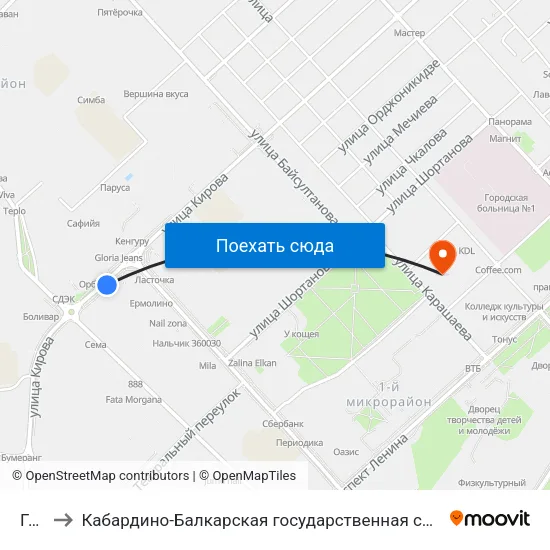 Горная to Кабардино-Балкарская государственная сельскохозяйственная академия имени В.М. Кокова. map