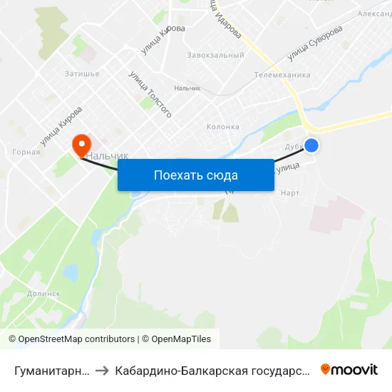 Гуманитарно-Технический Колледж to Кабардино-Балкарская государственная сельскохозяйственная академия имени В.М. Кокова. map